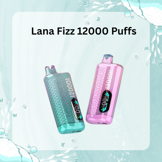 Lana Fizz 12000 Puffs disposable vape with LED dashboard display and 20ml e-liquid.