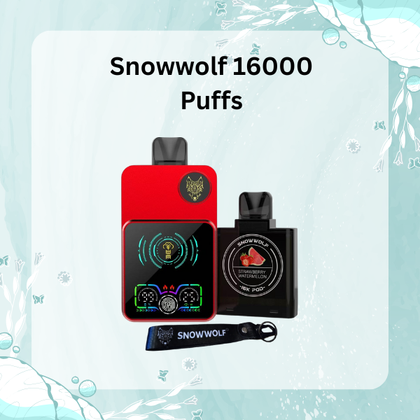 Snowwolf 16000 Puffs disposable vape with 3.8-inch smart screen showing battery and liquid levels.